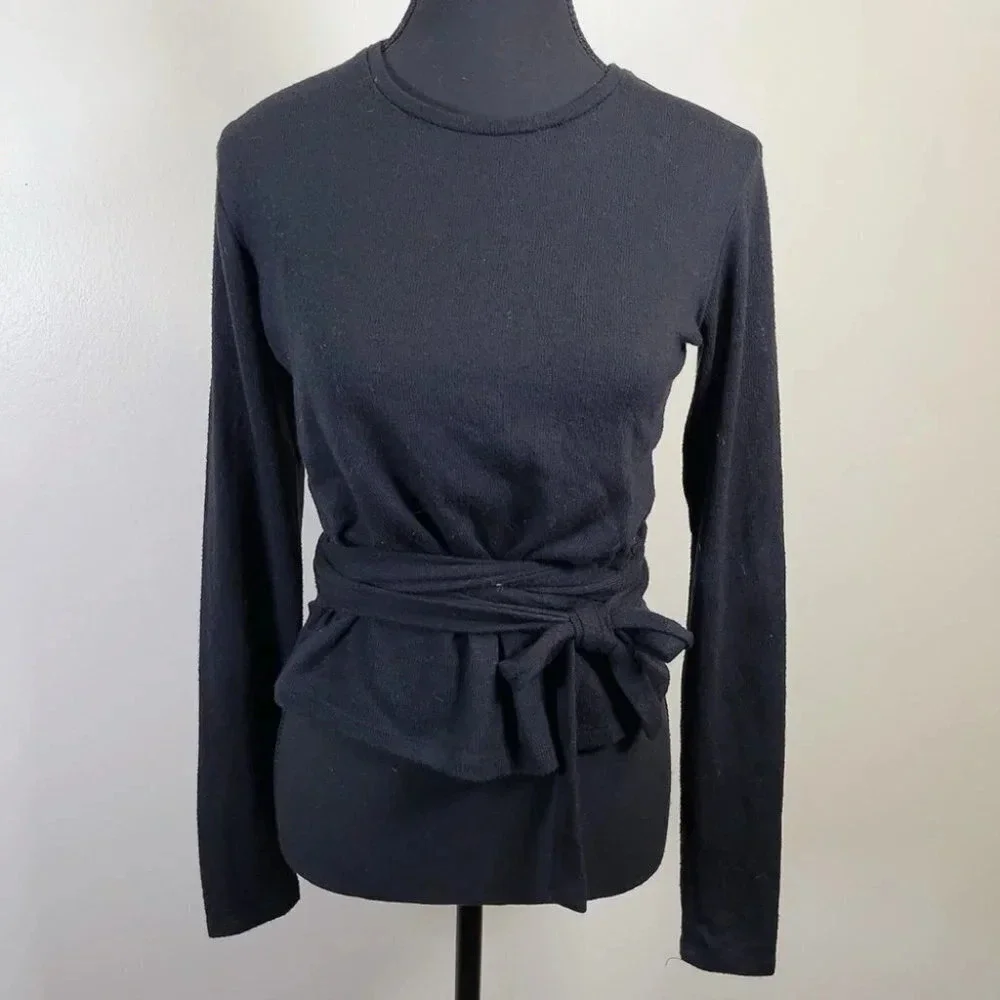 Zara Soft Ribbed Tie Waist Crew Neck Sweater